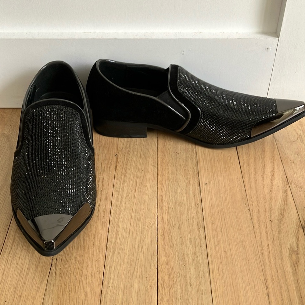 Parrazo premium black sparkle silver tip loafers shoes 9